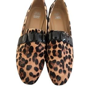 Jane Shoe Leopard Print Flats with Black‎ Jewel Embellishment